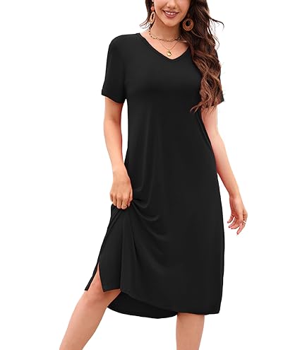 Women's Cotton Linen Knee Length Dress V Neck Short Sleeve Causal Loose Tshirt Dresses Summer Loose Shift Tunic Dress Dark Gray : Sports & Outdoors