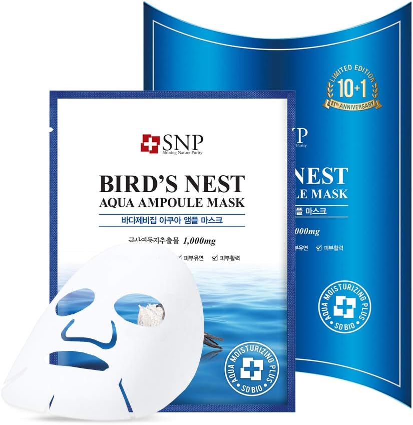 SNP - Bird's Nest Aqua Ampoule Moisturizing Korean Face Sheet Mask - Maximum Hydration & Protection for All Dry Skin Types using Hyaluronic Acid - 11 Sheets