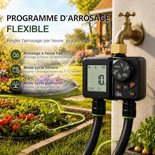 GIEX Programmateur d’arrosage rechargeable 2 zones, minuteur d’eau programmable à 2 sorties avec entrée en laiton, batterie intégrée, retard pluie et arrosage manuel