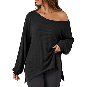 Fisoew Womens Off the Shoulder Tops Oversized Long Sleeve Ribbed Knit Pullover Sweatshirts Casual Side Slit Top