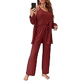 Fessceruna Womens 3 Piece Pajama Set Cami Tank Top Wide Leg Pants and Cardigan Loungewear Lounge Sets