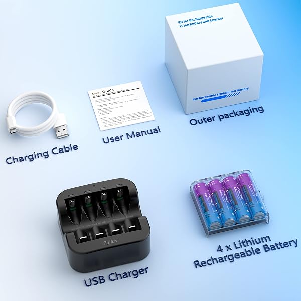 PALLUS 1.5V LITHIUM AA RECHARGEABLE BATTERIES, 4-PACK 3500MWH RECHARGEABLE AA BATTERIES AND FAST CHARGING FOR HOUSEHOLD OFFICE, OUTDOOR BLINK CAMERA, TOYS, HIGH CAPACITY, LONG-LASTING, 1600 CYCLES