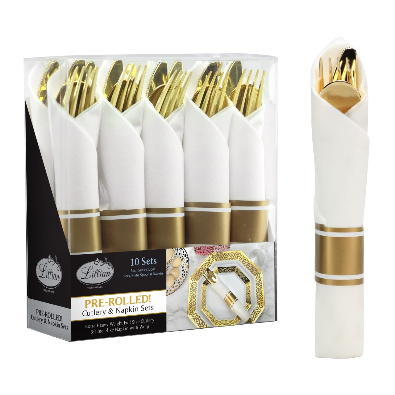 Photo 1 of 40 Pieces Pre Rolled Cutlery And Napkins Set with Heavy Duty Full Size Polished Gold Cutlery, 10 Forks, 10 Knives, 10 Spoons, In Rolled Napkins, for Weddings, Parties And Events