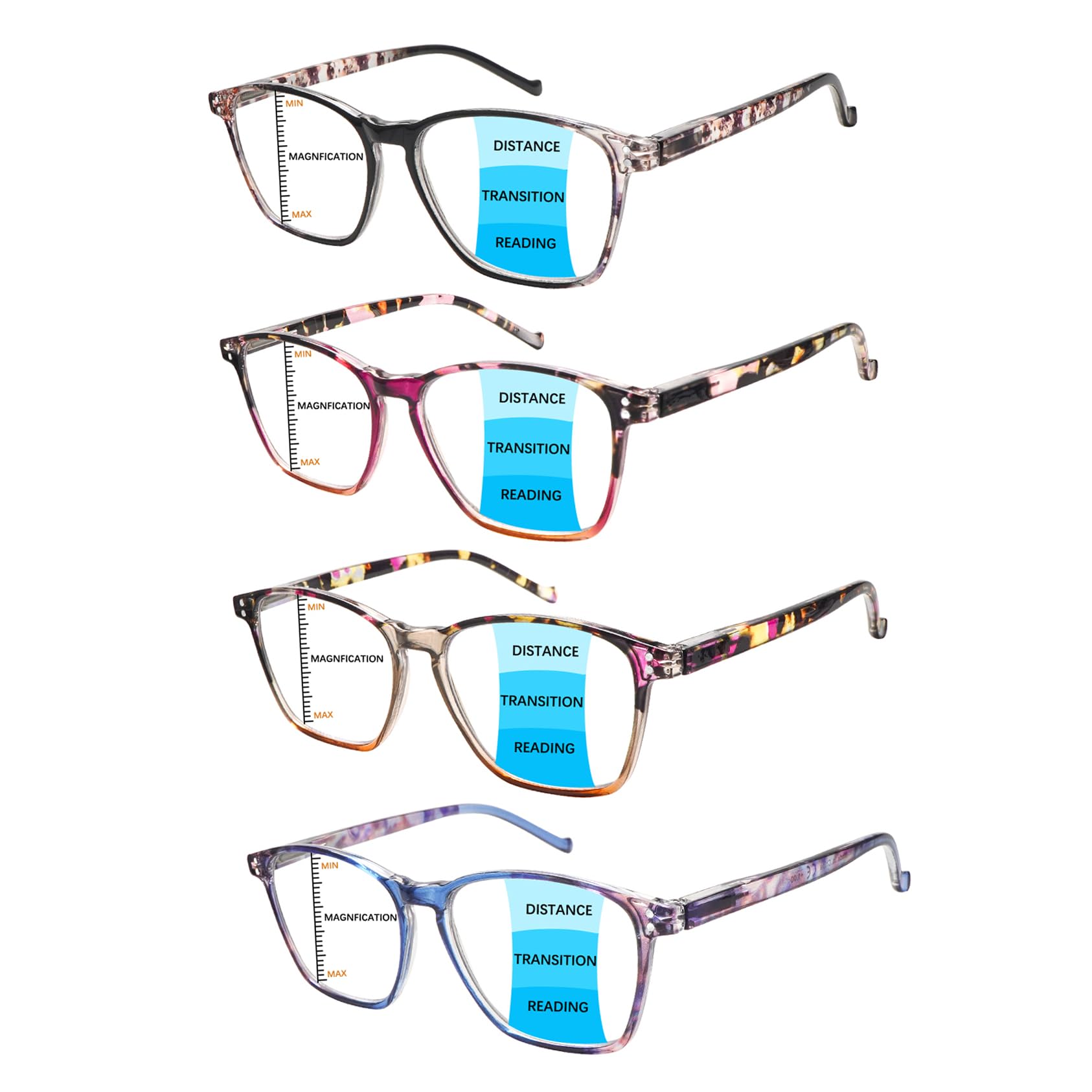 Photo 1 of STASTEND 4 Pack Progressive Multifocus Reading Glasses Blue Light Blocking Multifocal Readers for Women (multicolour, 3.00, multiplier_x)