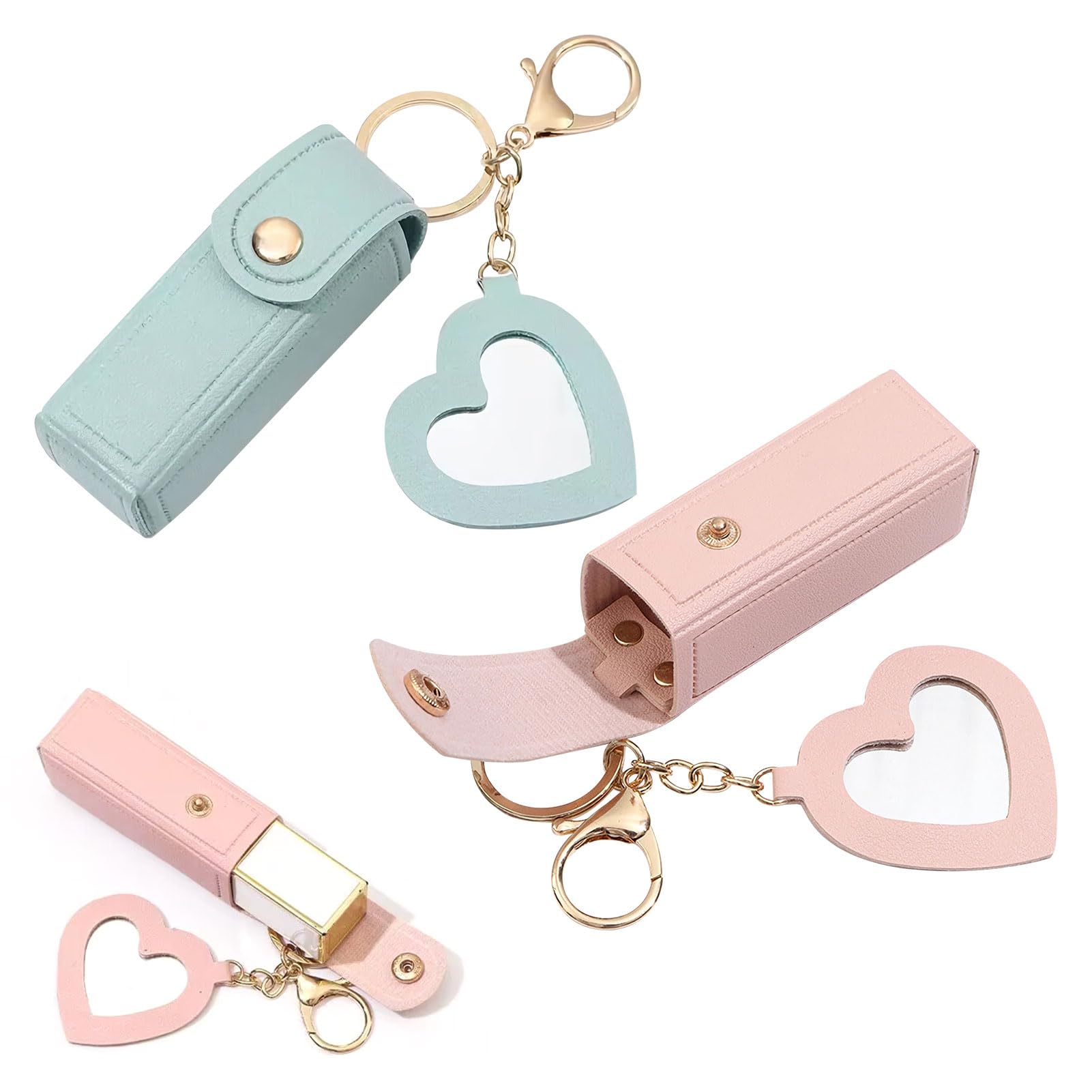 Green and Pink PU Leather Keychain Lipstick Case and Lip Balm Holder with Non-Slip Mirror