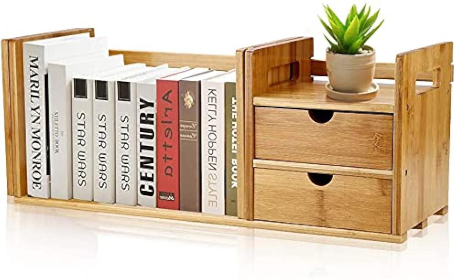 AYNEFY Desktop Bookshelf, Wood Extendable Desk Tabletop Book Rack Bookshelves Organizer with 2 Drawers for Bedrooms Living Rooms Offices Study Rooms 51-80.5cm