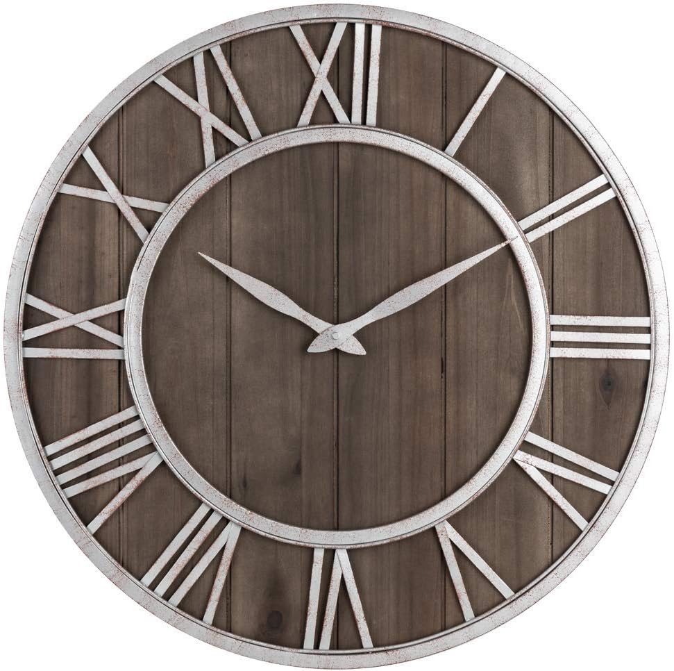 Amazon Com Oldtown Farmhouse Metal Solid Wood Noiseless Wall Clock Dark Brown 30 Inch Kitchen Dining