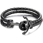Stainless Steel Mens Women Marine Anchor Bangle Bracelet Genuine Black Braided Leather Wristband