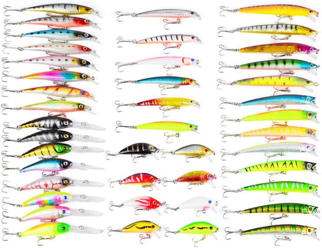 JUNNA Hard Fishing Lure Set 43pcs Assorted Bass Fishing Lure Kit Colorful Minnow Popper Fishing Lure Set Hard Tackle Pack for Saltwater or Freshwater Fishing Equipment
