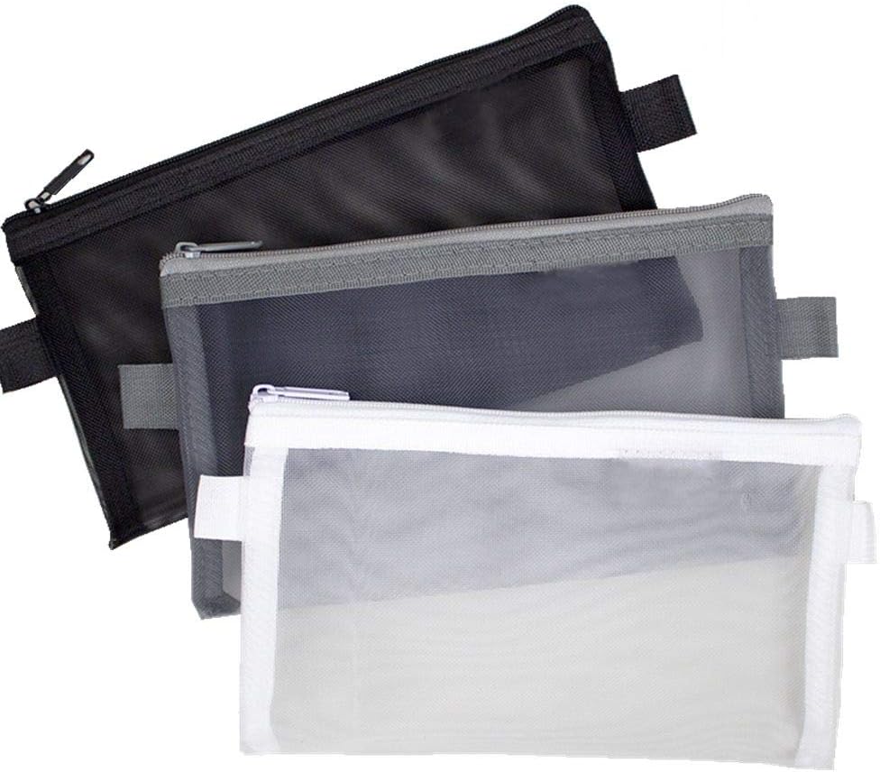 3 Pcs Mesh Zipper Pencil Case, Transparent Pen Cases, Clear Zippered Multipurpose Large Bag for School Office Cosmetics Stationery Storage Supplies, Travel Accessories Organizer Pouch