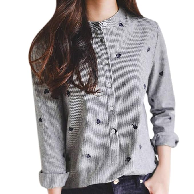 Amuster Damen Leinenbluse Elegant Langarm Freizeit Oberteil Lose Langarmshirt Frauen Gestreifte Stehkragen Stickerei Langarm 