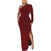 Formal Dress for Women Red Elegant Long Sleeve Evening Party Dress Sparkly One Shoulder Split Gowns Bodycon Cocktail Dress(Red,Medium)