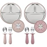 PandaEar 2 Pack Stainless Steel Baby Suction Plates & 2 Pack Spoons and Forks Set, Toddler Utensils Baby Feeding Set, Divided Plates for Baby Led Weaning Supplies, BPA-Free (Pink)