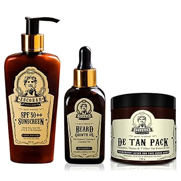 ESCOBAR SPF 50++ Sunscreen(200ML) + Beard Growth Oil(50ML) + De Tan Pack(100GM)_Pack of 3