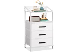 EKNKOZY Nightstand 3 Drawer Dresser, Vertical Side Table with Fabric Drawers, End Table with Open Shelf, Dresser for Bedroom, Hallway, Entryway, White