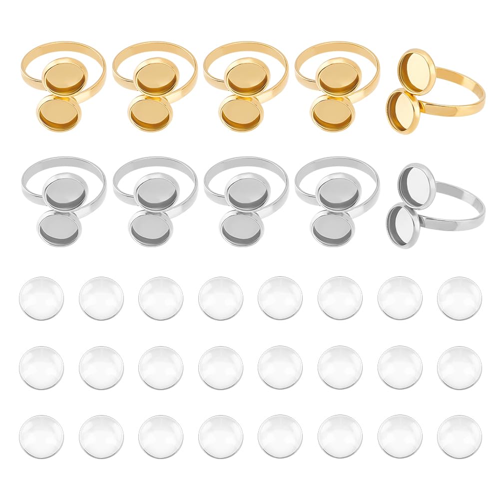 UNICRAFTALE 34Pcs 2 colors DIY Blank Dome Cuff Ring Making Kit 304 Stainless Steel Bezel Cup Cuff Ring Settings Round Ring Blanks Settings Frame Double Tray Bezel Glass Cabochons for Jewelry Making