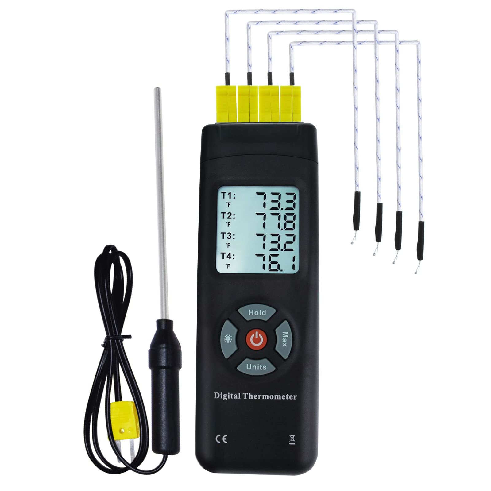 Digital 4 Channels K Type Thermocouple Thermometer with Metal & Bead Probes, Handheld with Backlight, High Temp Meter Tester Multi Measurement Instrument Tool, -50~700°C (-58~1292°F)