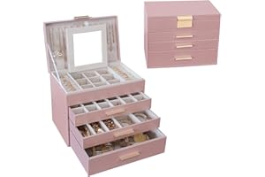 Tian Ye Zhou Large Jewelry Box for Women, 4 Layer Jewelry Holder Organizer with Necklace Hooks, White Jewelry Box for Earrings Necklace and Bracelet Storage Gifts for Her (Rose Gold)