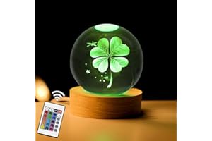 AOFEGRLT 80mm Four Leaf Clover 3D Crystal Ball, Remote Control, LED Light Base, 16 Colors Change, Glass Sphere Lamp, Good Luck Gifts for Women Kids