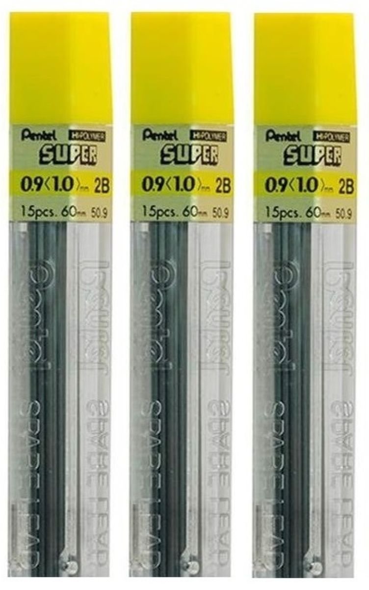Pentel 0.9mm Size 2B Shade Hardness Pencil Refill Replacement Spare Leads Hi Pollymer Super For Automatic & Mechanical Pencils (Pack Of 3 Tubes - 45 Pieces)