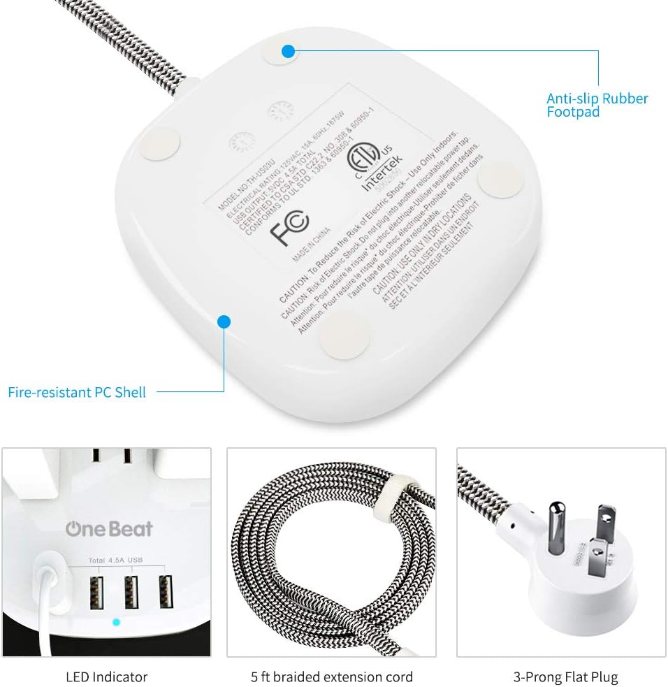 Desktop Power Strip with 3 Outlet 4 USB Ports 4.5A, Flat Plug and 5 ft Long Braided Extension Cords for Cruise Ship Travel Home Office, ETL Listed, White: Electronics