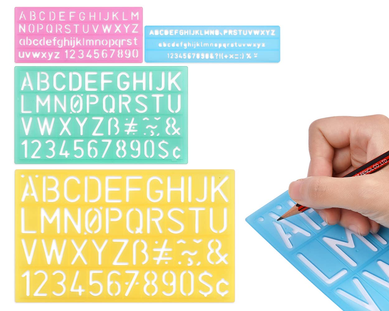 SCSpecial Alphabet Stencils Set of 4 Plastic Letter Stencil Assorted Sizes Number Ruler for Learning, Painting, Scrapbooking - Blue