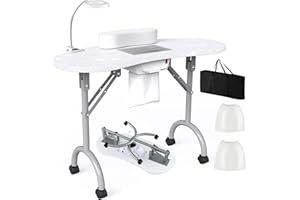 WELLHUT Nail Table All-in-One Manicure Desk w/Electric Dust Collector, LED Nail Lamp, Carry Bag & Wrist Cushion, Mobile Nail Desks w/Universal Mute Wheels for Manicurists Home Spa Beauty Salon