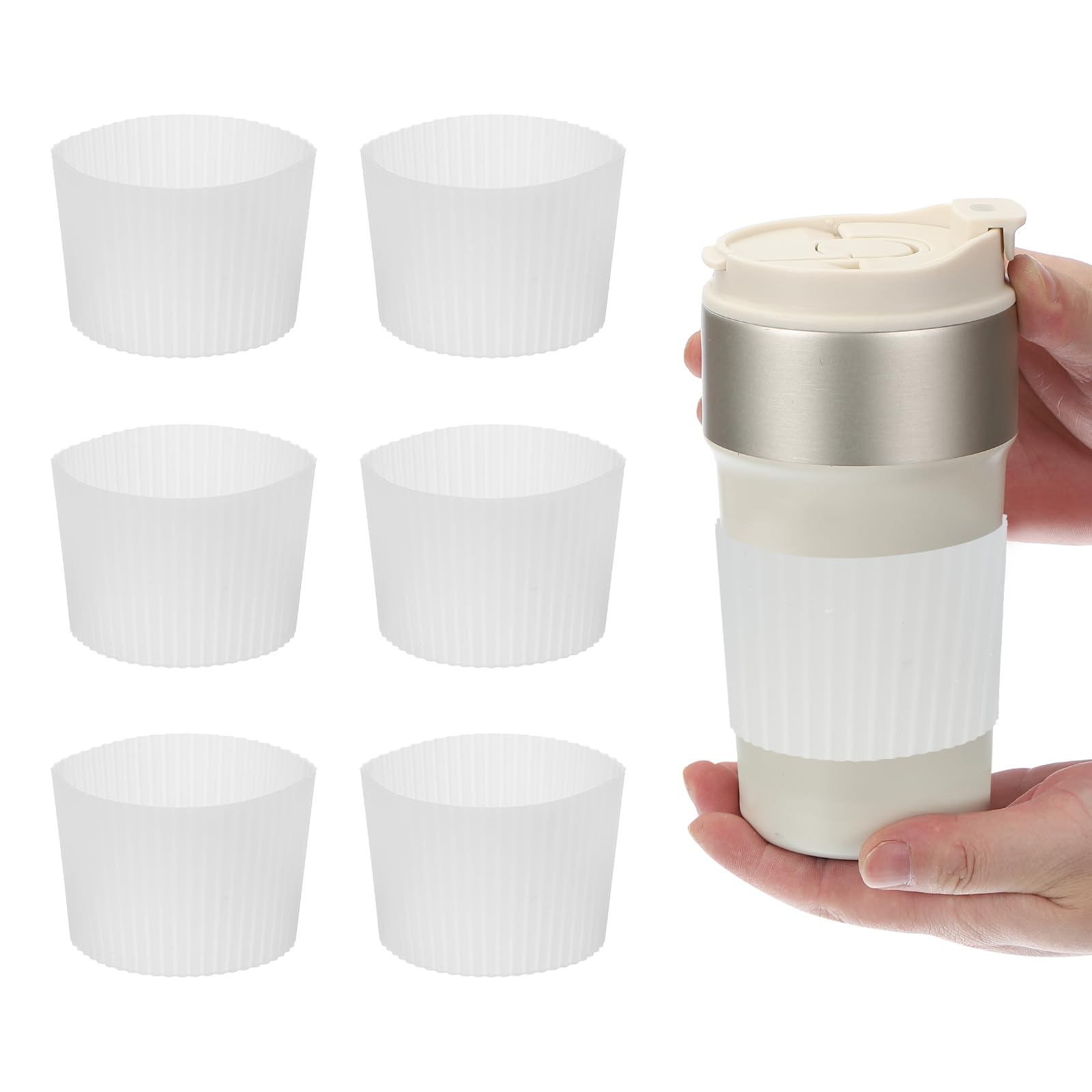 Photo 1 of uxcell 6Pack Coffee Cup Sleeves, Reusable Silicone Heat Resistant Cup Protective Sleeve Nonslip Mug Protector Cover for Home Travel Coffee Mug Glasses Water Bottle Boots, Clear