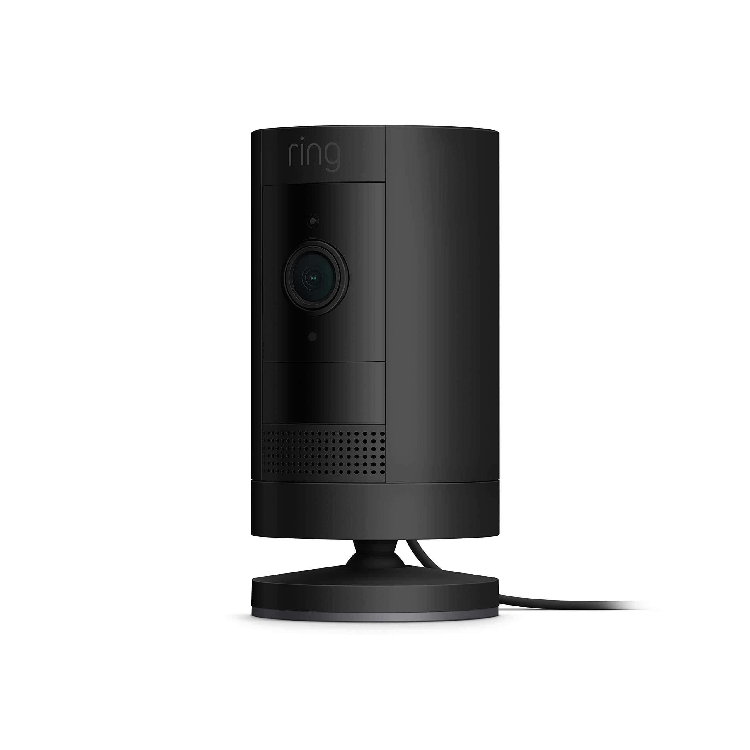 Like-New Ring Stick Up Cam Plug-In HD security camera with two-way talk, Works with Alexa - Black Image