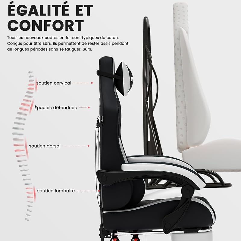 Chaise de Gaming Ergonomique en Cuir synthétique avec Appui-tête et Soutien Lombaire - Jusqu'à 150 kg — photo 4 sur 8
