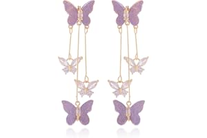 HUASAI Purple Butterfly Earrings for Women Gifts Trendy Stuff Crystal Zircon Butterfly Tassel Dangle Purple Earrings Wedding Jewelry Gifts Purple Dress for Woman Outfits