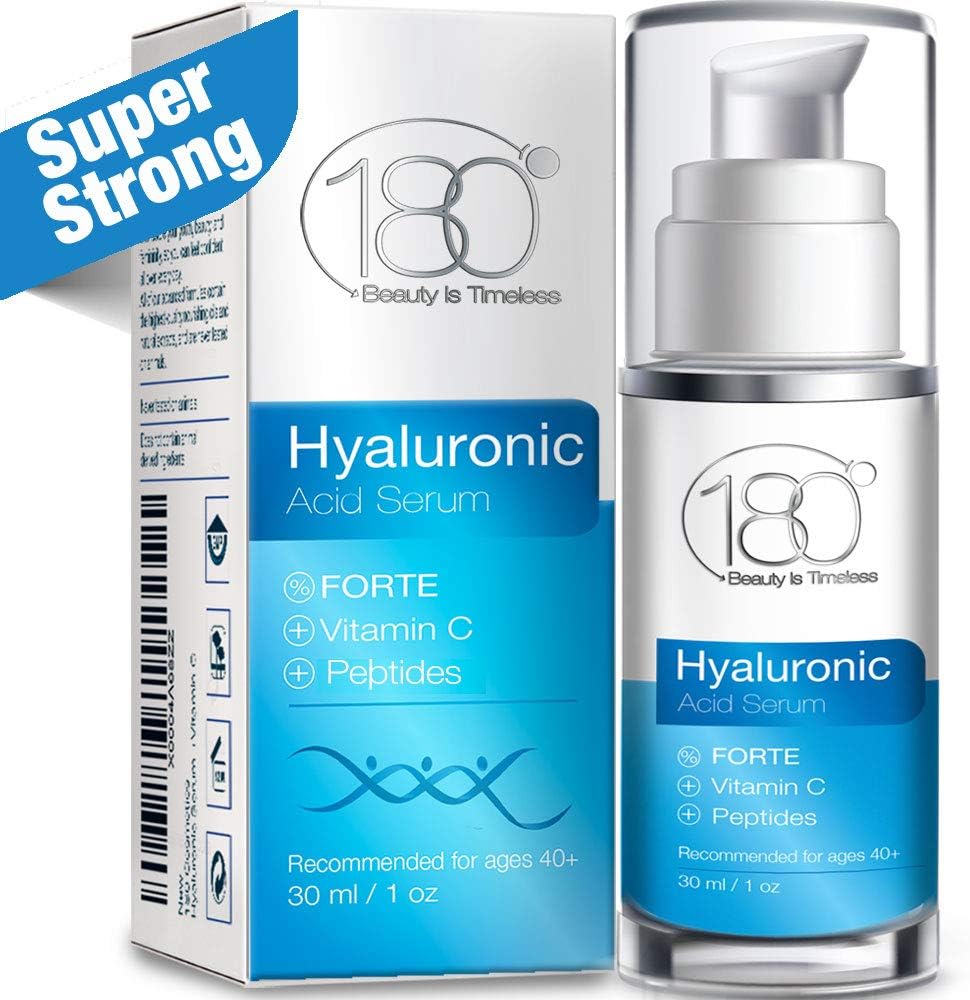 Hyaluronic Acid Serum for Face by 180 Cosmetics – Extra Strong for Age 40+ - w/Peptides - Vitamin C & E - 3 Layers of HA For Toned Plumped Hydrated Skin with Visibly Diminished Fine Lines & Wrinkles