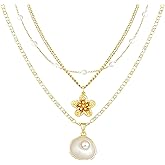 14K Gold Plated Waterproof Seashell Pearl Charm Necklace Set for Women, Dainty Choker Cute Beach Summer Jewelry, Fashion Waterproof Cute Necklaces Gift