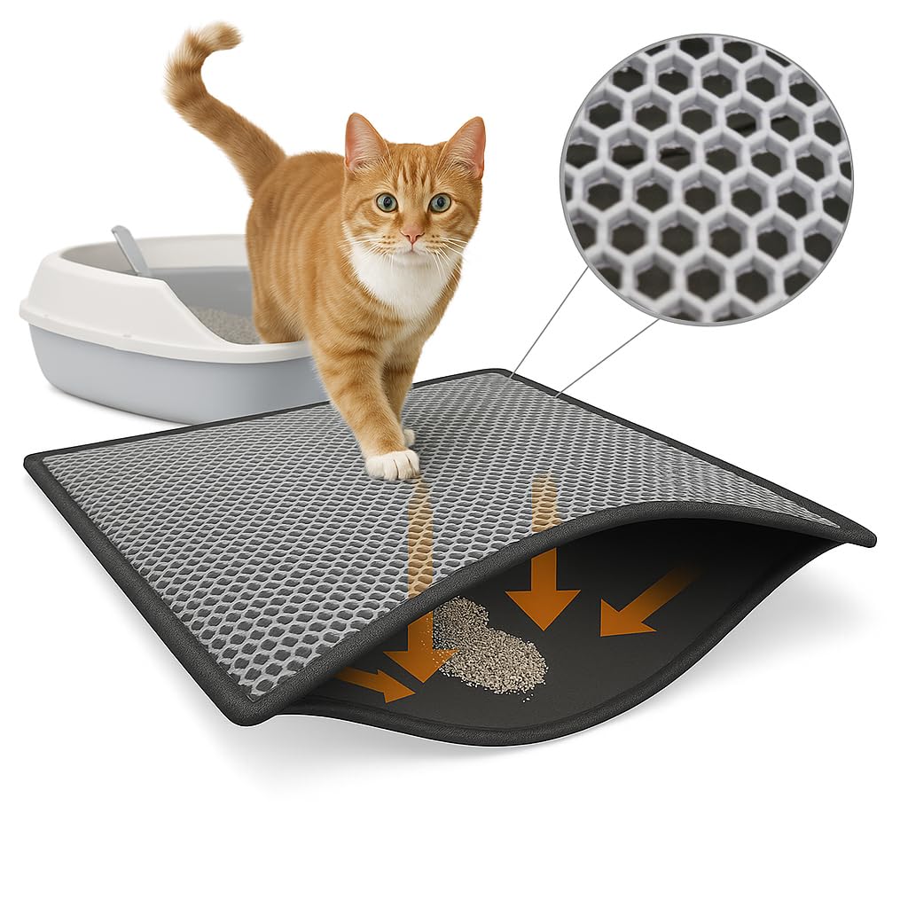 Blue Eyes Cat Litter Tray Mat, Litter Tray Underlay, Honeycomb Design, Waterproof, Double Layer Design, 60x75 cm, Grey