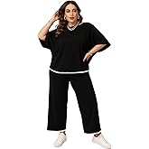 Istylish Plus Size 2 Piece Outfits for Women Lounge Sets Top 3/4 Batwing Sleeve Pant Suit Wide Leg Loungewear Pantsuits