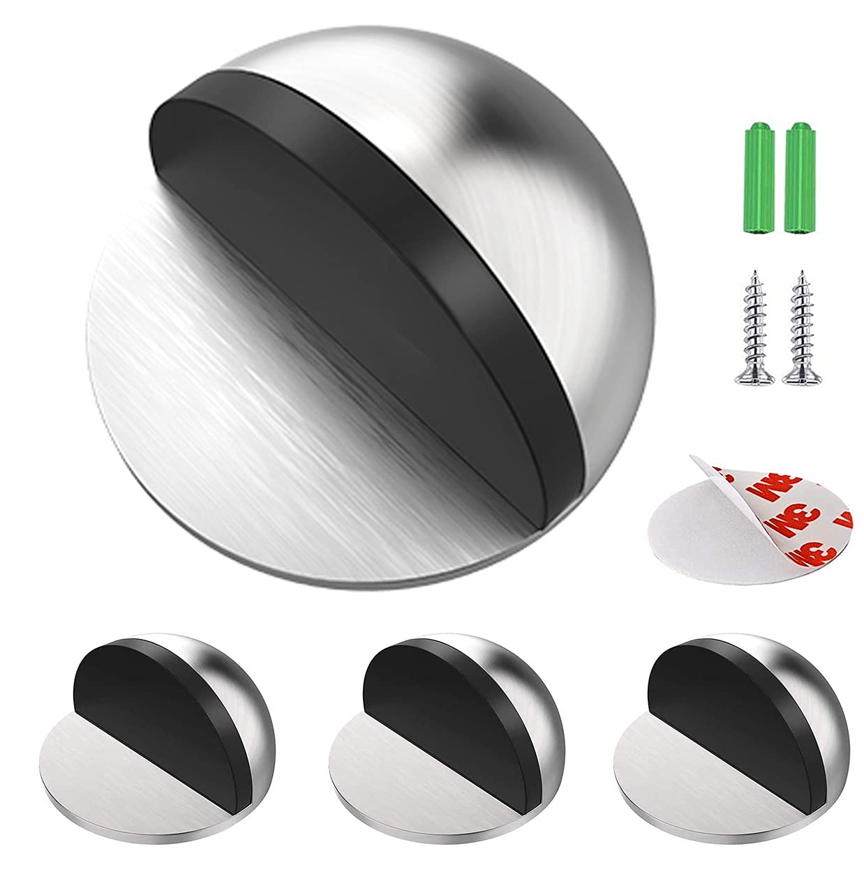 Hantoc 4 Pack Floor Door Stopper Stainless Steel, Oval Floor Mounted Door Stops with Screws and Glues Fit Most Door Silver