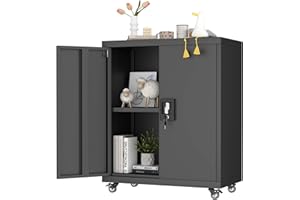 GREATMEET Metal Storage Cabinet with Wheels, 31.5" H Locking Storage Cabinet with Doors and Adjustable Shelves for Garage, Office, Home (Black)