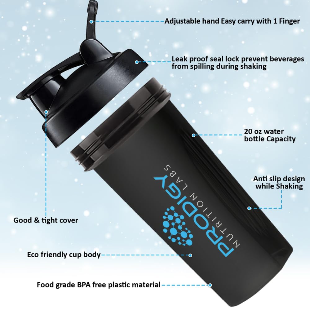 Protein Shaker 20oz Large Shaker Bottle Perfect for Workout Supplements, Protein powder, Sports drinks, BCAA'S, Meal Replacement, BPA Free, for Fitness Enthusiasts Athletes - Black