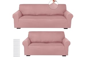 Peryiter 2 Pcs Sofa Covers Loveseat Couches Covers for Living Room Slipcover Set Furniture Protector for Couch Arm Chair, Form Fit Stretch, Wrinkle Proof(Light Pink,Milk Silk)