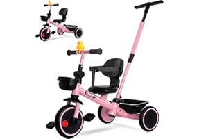 KRIDDO 2-in-1 Tricycle for Toddlers 1.5-5 Years, Push Tricycle with Parent Steering Detachable Handle, 9-Stage Adjustable Handlebar, Toddler Trike with Safety Belt, Clutch Pedals & Dual Basket, Pink