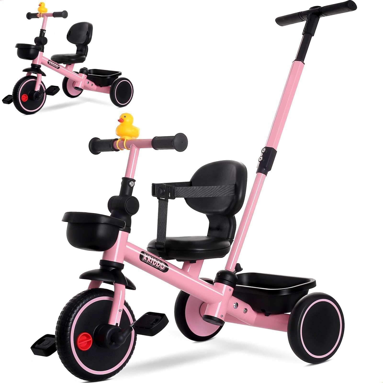 Photo 1 of KRIDDO 2-in-1 Tricycle for Toddlers 1.5-5 Years, Push Tricycle with Parent Steering Detachable Handle, 9-Stage Adjustable Handlebar, Toddler Trike with Safety Belt, Clutch Pedals & Dual Basket, Pink