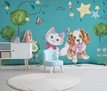 Amazon Com Modern Simple Cartoon Hand Painted Pet Dog Cat Children Room Background Wall Wallpaper Decoration Wallpaper Mural 400cmx280cm Kitchen Dining