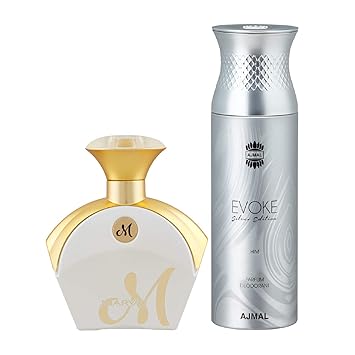 Maryaj M White for Her Eau De Parfum Floral Fruity Perfume 90ml for Women and Ajmal Evoke Silver Edition Him Deodorant Spicy Floral Fragrance 200ml for Men + 2 Parfum Testers FREE