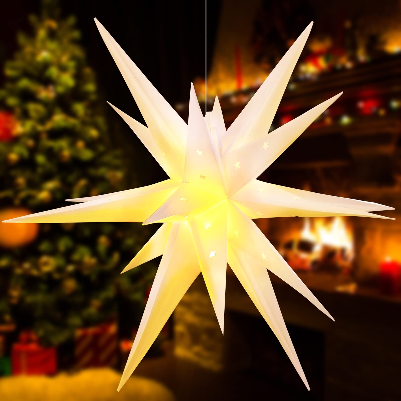 Photo 1 of 23 Inch Christmas White Moravian Star Light Large Moravian Tree Top 3D LED Hanging Star with Timer Function Porch Holiday Xmas Tree Decoration for Indoor Outdoor