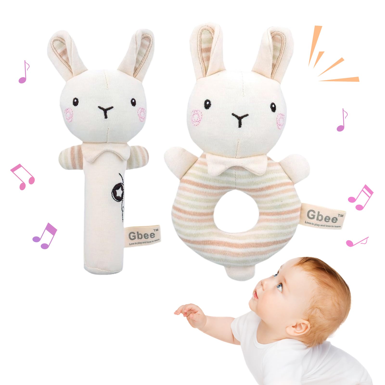 2 Pcs Soft Rattle Toys for Babies 0-6 Months,Baby Soft Rattle Sensory Toys,Plush Animal Hand Rattles Toys,Babies Sensory,Early Developmental Newborn Baby Birthday Gifts,Girls Boys Babies (Rabbits) — image 1