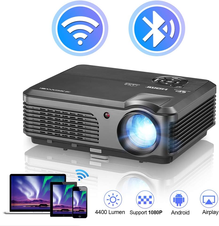 WiFi Video Projectors 4400 Lumen Support Full HD 1080P Home Cinema Bluetooth Wireless LED LCD Airplay Projectors with Smartphone, Laptop, PC, Fire TV Stick, PS4, HDMI, USB, VGA for Outdoor Movies