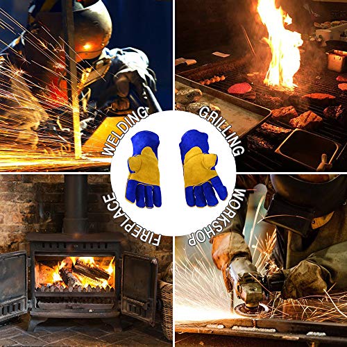 QeeLink Welding Gloves - Heat Resistant & Wear Resistant Lined Leather Fireproof Stitching Tig/Mig Welders/Fireplace/BBQ/Gardening/Grilling/Stove (16-inch, Blue)