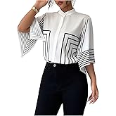 GORGLITTER Women's Dressy Work Blouse Button Up Striped Print Split Half Sleeve Business Corporate Outfits 2025