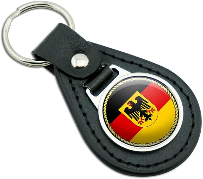Flag of Germany with Crest Black Leather Metal Keychain