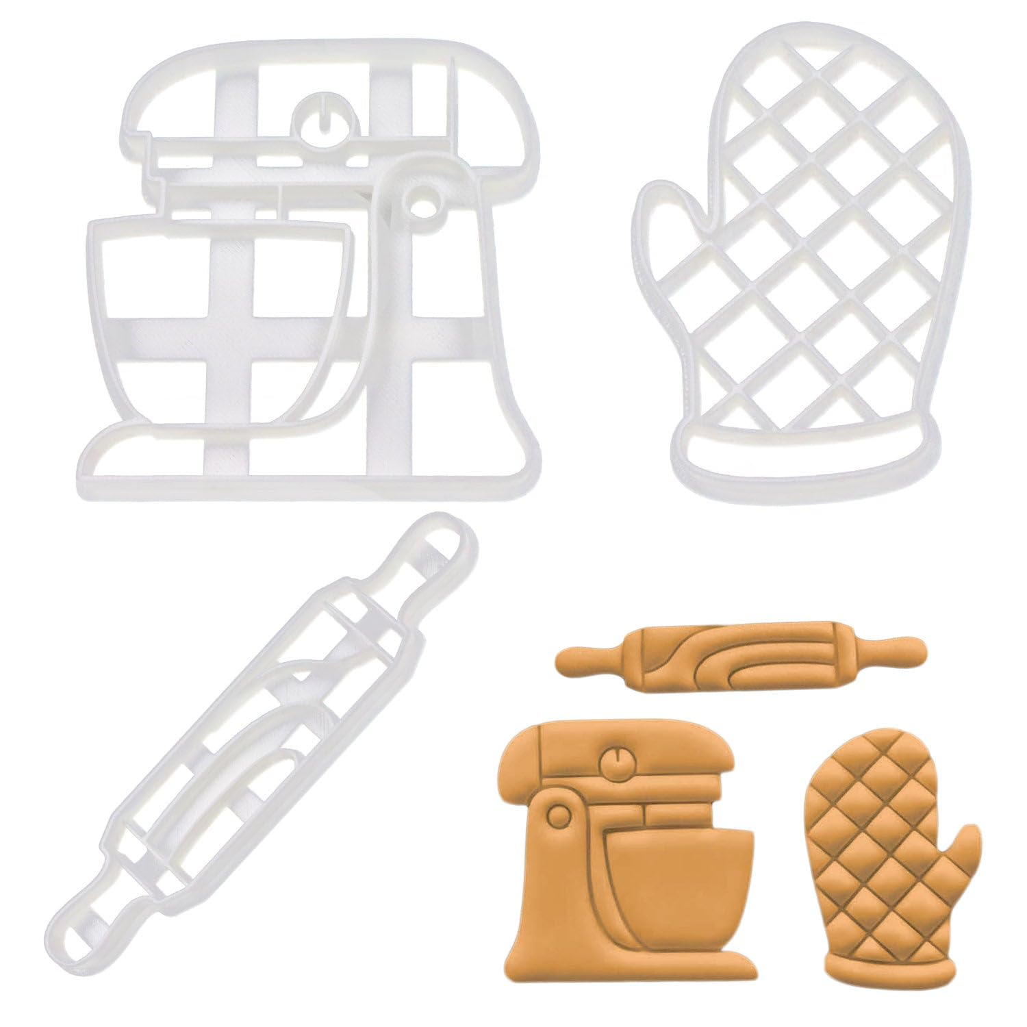 BAKERLOGY Set of 3 Baking Themed Cookie Cutters (Designs: Stand Mixer Machine, Oven Glove, and Rolling Pin) - Detailed Biscuit Cutter Design for Baking and Crafts, Ideal on Fondant, Dough, Clay